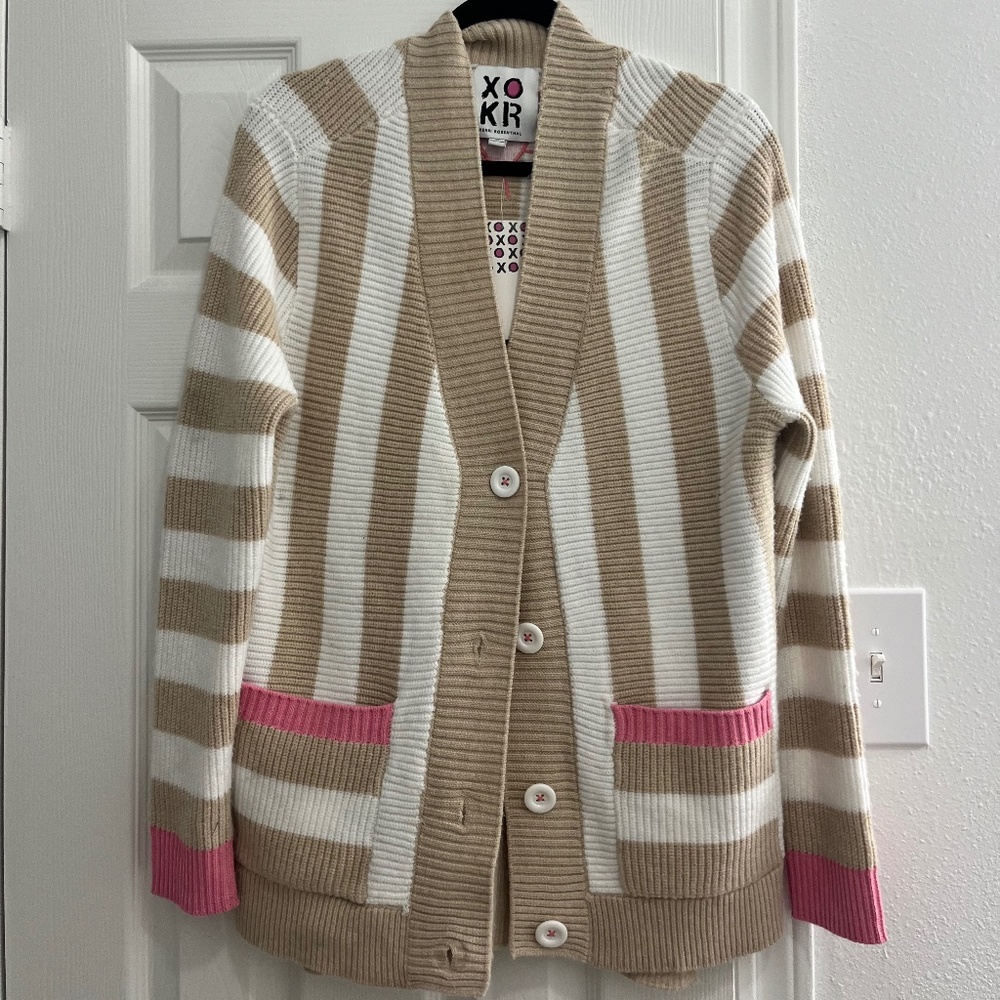 KERRI ROSENTHAL stripe cardigan sweater with pink heart detailing